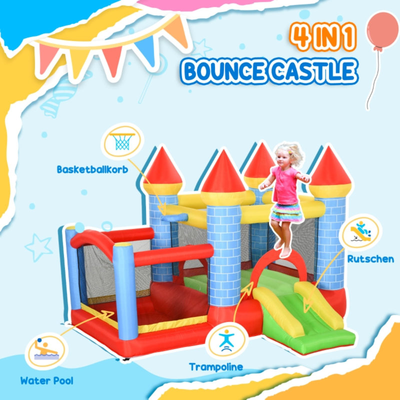 3×2.75×2.1m Kids Inflatable Bounce Castle, Multi-functional Jumping House With Trampoline Slide Pool Basketball Hoop For 3-10 Years Old