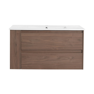 Meuble-lavabo mural 36 po avec lavabo en céramique et tiroir à fermeture en douceur, design élégant et peu encombrant