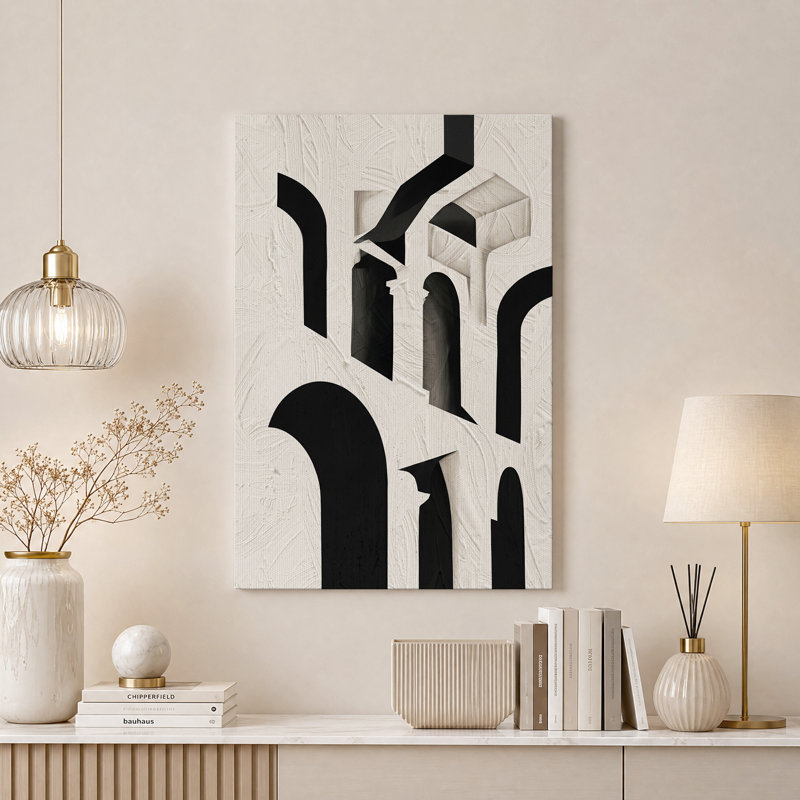Formes noires abstraites sur fond blanc texturé, tableau mural sur toile, H 48 po x l 32 po