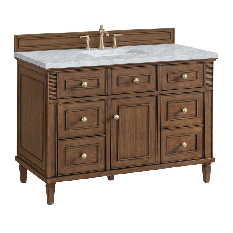Lorelai 48'' Single Bathroom Vanity with Top, Mid-Century Walnut, Carrara White Marble, 8" Widespread