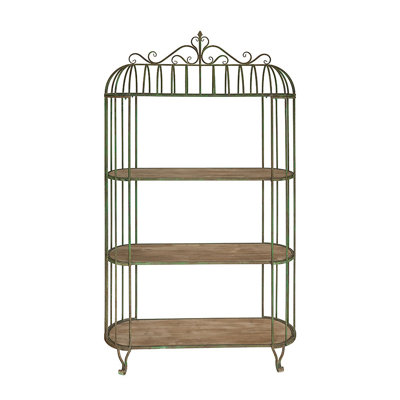 47X16.5X80" Vintage-Inspired Three-Tiered Iron Shelving Unit With Weathered Green Finish And Wooden Shelves