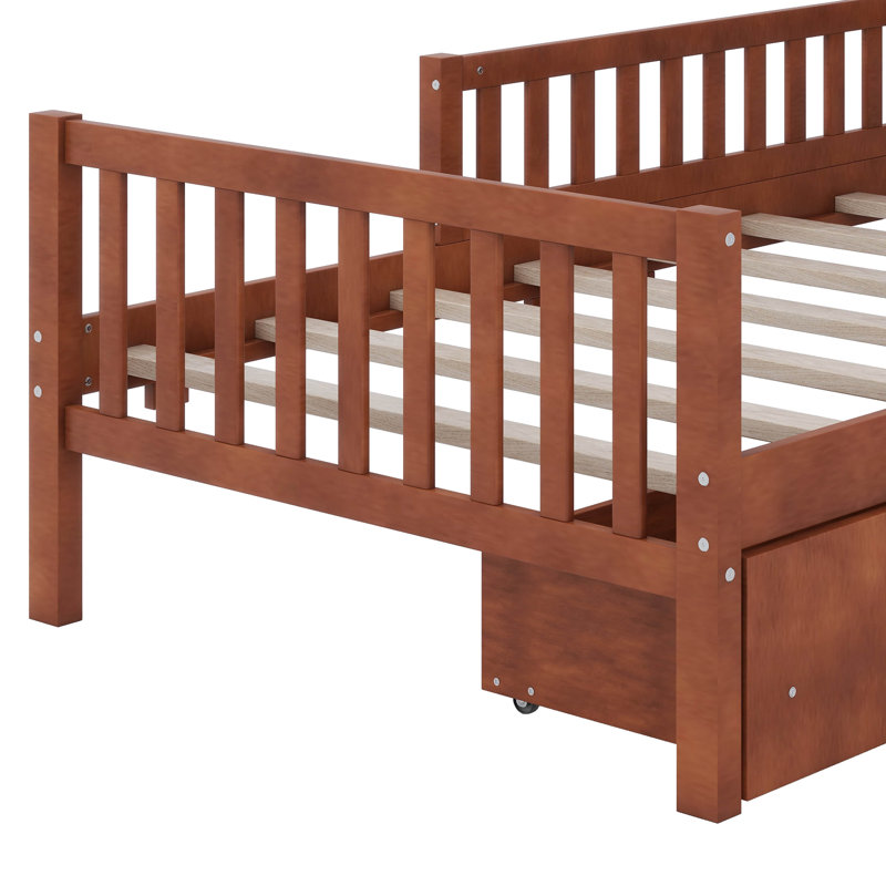 Lit plateforme simple en bois avec garde-corps des deux côtés et deux tiroirs
