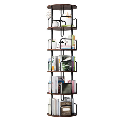 Bibliothèque pivotante à 5 niveaux, tablette tournante à 360° pour bureau à domicile, design élégant et compact, finition en noyer brun, rangement vertical stable, montage facile, fer inclus