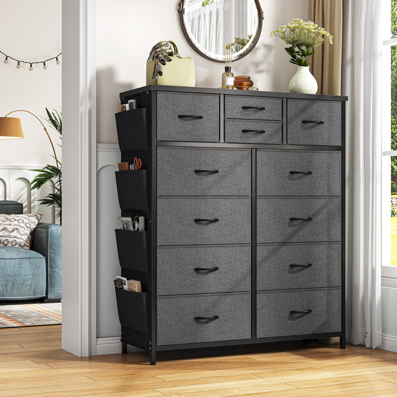 Commode pour chambre à coucher avec 12 tiroirs, commode avec 4 poches latérales, Brun