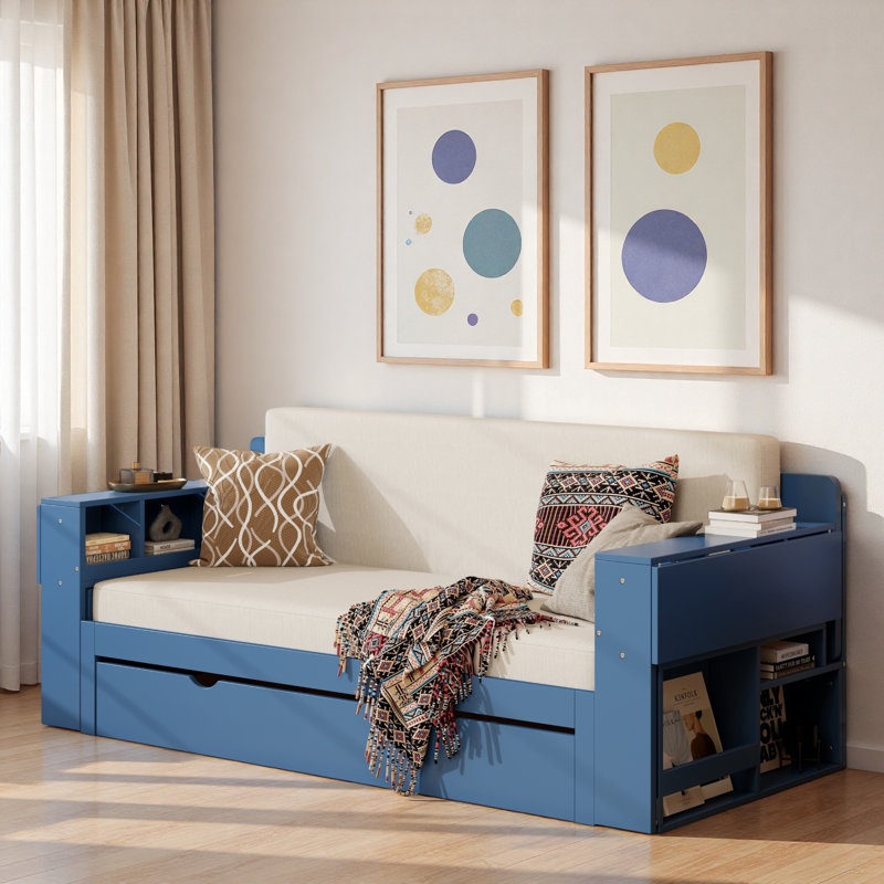 Multifunctional Daybed With Storage Drawer, Open Compartments And Hydraulic Side Table, Blue 