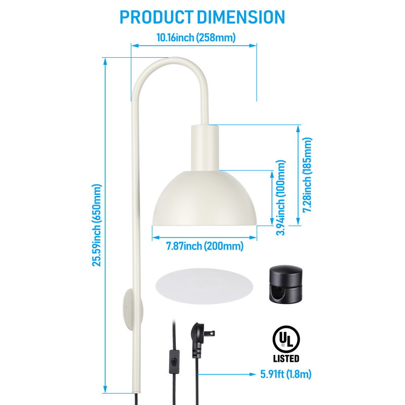Applique murale enfichable 26 po, lampe murale d'intérieur en métal, lampe murale avec interrupteur marche / arrêt pour le salon, base E26 de 20 W maximum, ampoule non incluse, ivoire