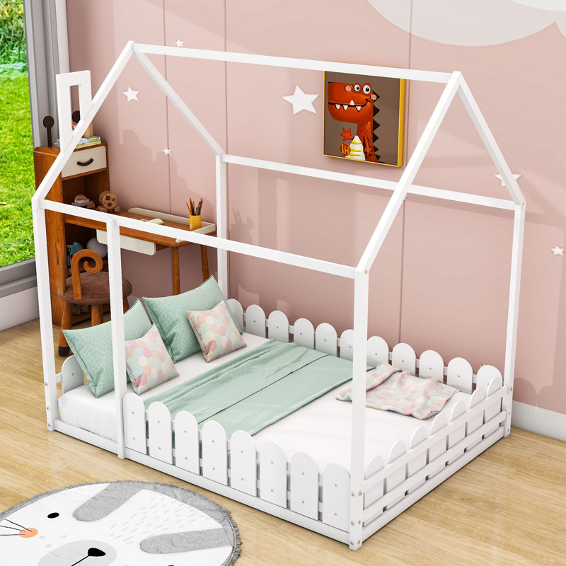 Full Wood House Platform Bed With Fence, White