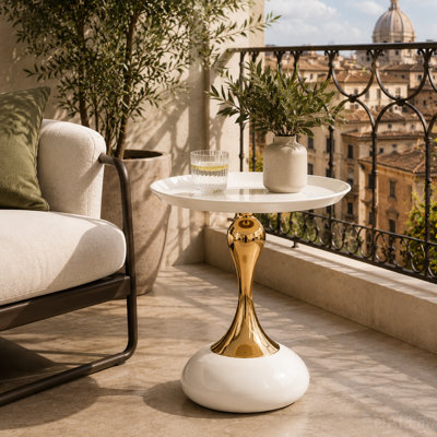 Italian Modern Hourglass End Table, 15.4" Round Iron Tray Top Side Table