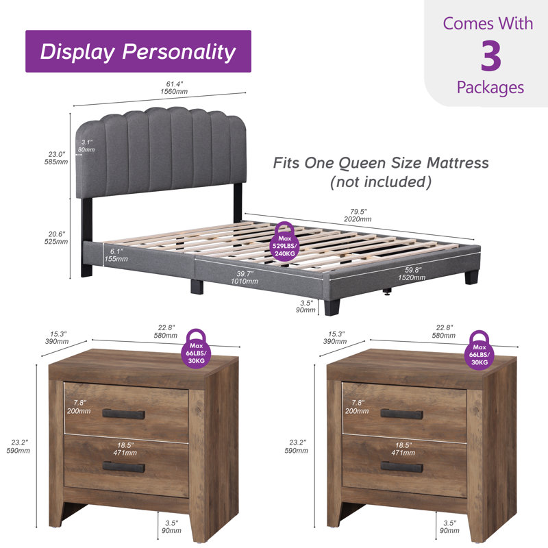 3 Piece Bed And Nightstand Set For Bedroom,Adjustable Height Upholstered Queen Bed