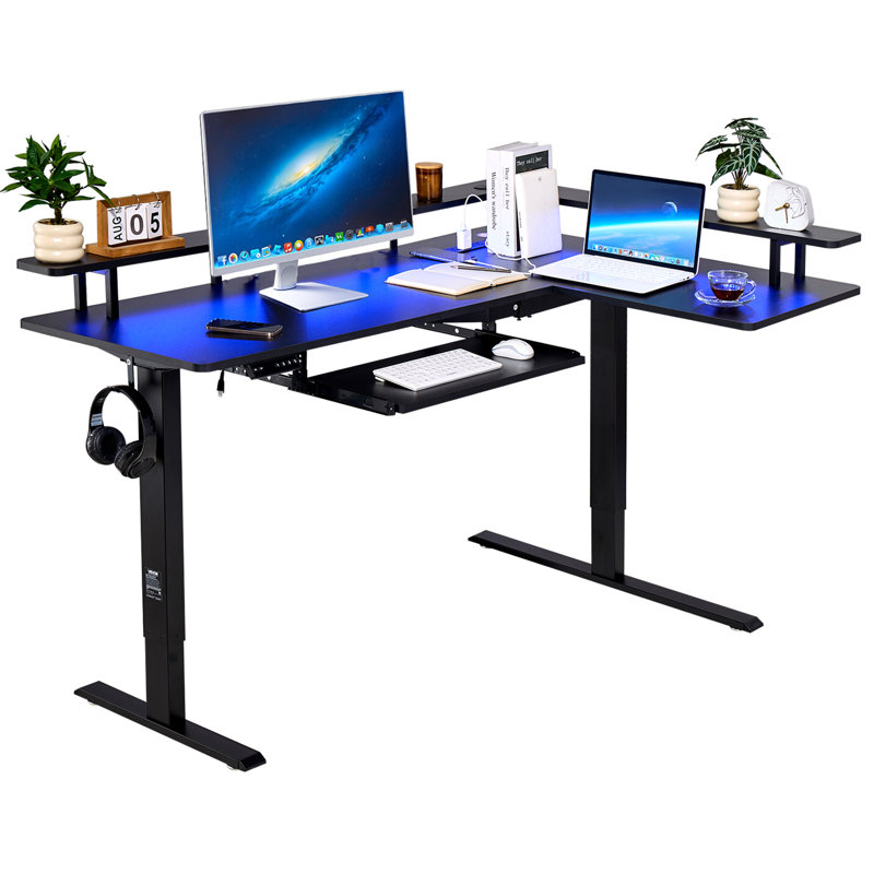 Bureau en coin à hauteur réglable en L avec plateau pour clavier