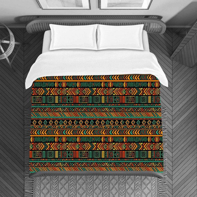 Housse de couette moderne années 1970 beige, Housse de couette pour lit simple, Motif géométrique orange et vert
