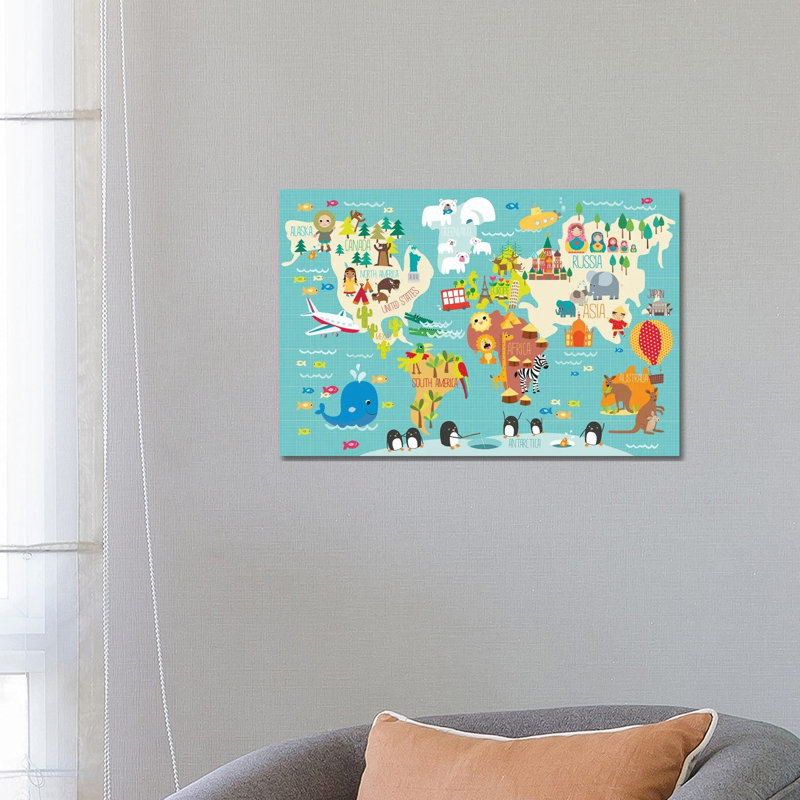 Children's World Map by Martina Hogan - Print on Canvas, 66.04 cm H x 45.72 cm W x 1.91 cm D, Wrapped Canvas