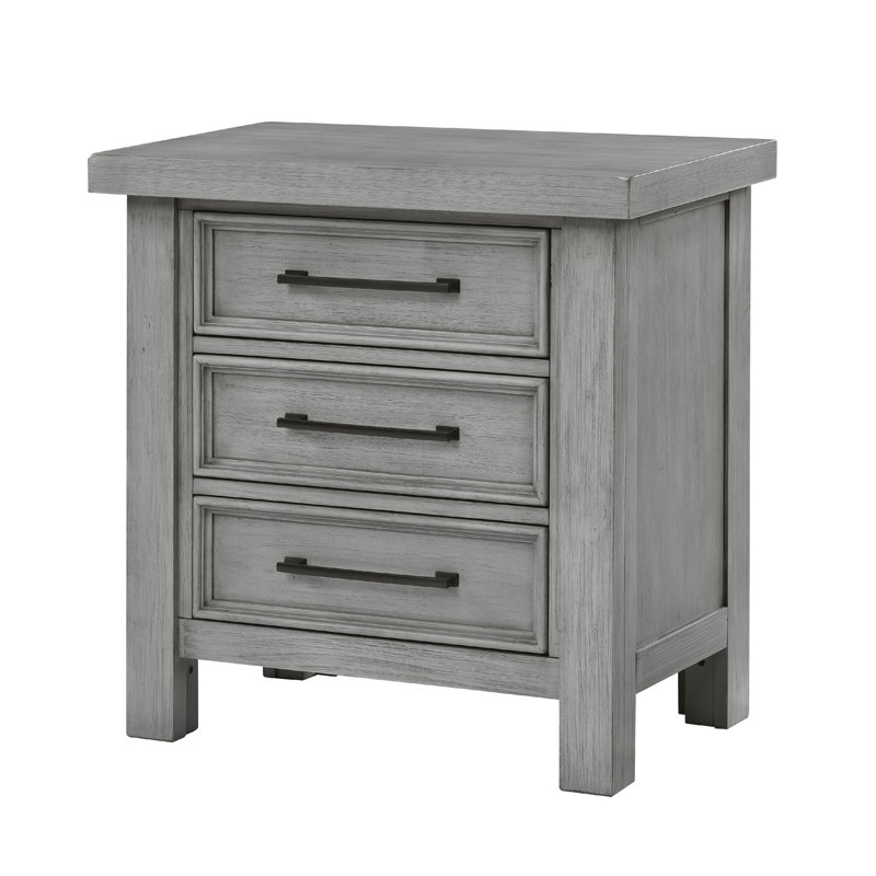 Table de chevet Daisy, placage de manguier gris, 3 tiroirs, boutons en métal bronze