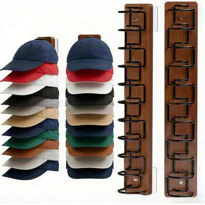 Ensemble de 2 casiers de rangement pour casquettes de baseball, support à chapeau en bois et métal pour le mur, rangement pour 22 casquettes avec adhésif fort, percé au mur pour la porte, le mur et le placard