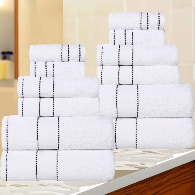 Ensemble de serviettes 12 pièces en coton égyptien Giza, Blanc/Noir