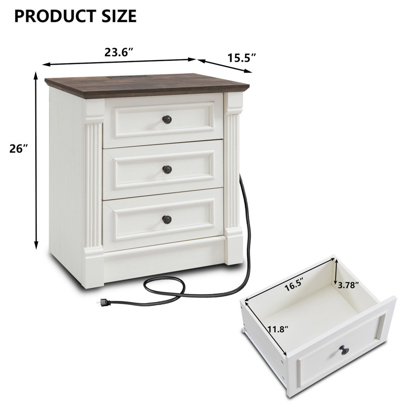 Burlington 26" Tall Nightstand with Charging Station, Farmhouse 23.6" Wide Large End Table w/Roman Column, 2, Antique White