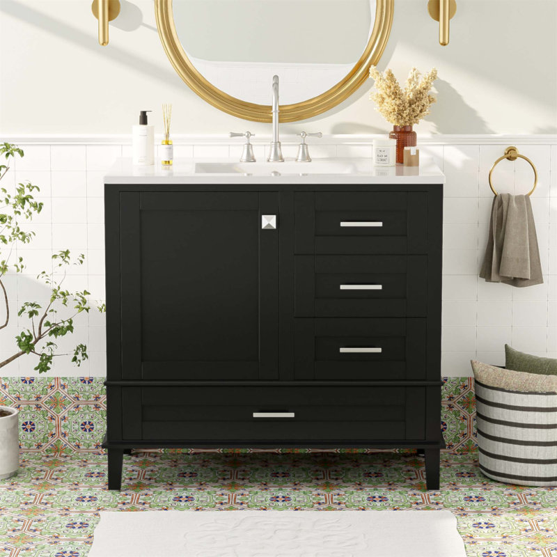 Meuble-lavabo moderne de 36 pouces avec cadre en pin massif, porte à fermeture en douceur et 3 tiroirs pour un rangement élégant