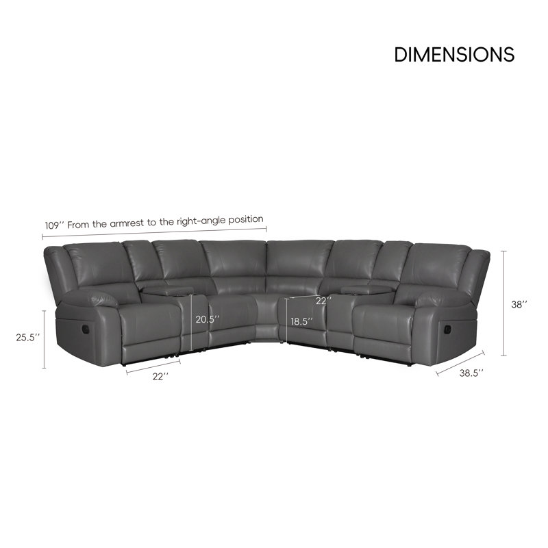 Canapé modulaire réversible inclinable en similicuir 5 places avec 2 consoles et 4 porte-gobelets, Grey