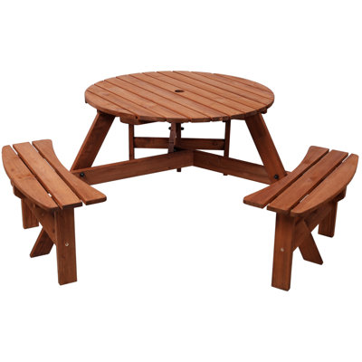 Table de pique-nique en bois avec 3 bancs intégrés, table de pique-nique pour 6 enfants, avec trou de parasol, table de salle à manger de camping pour la cour de jardin