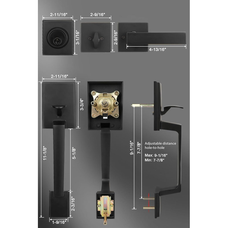 Ensemble de serrure de porte double noire matte avec poignée fausse, quincaillerie de porte double levier réversible, loquet réglable pour portes doubles assorties