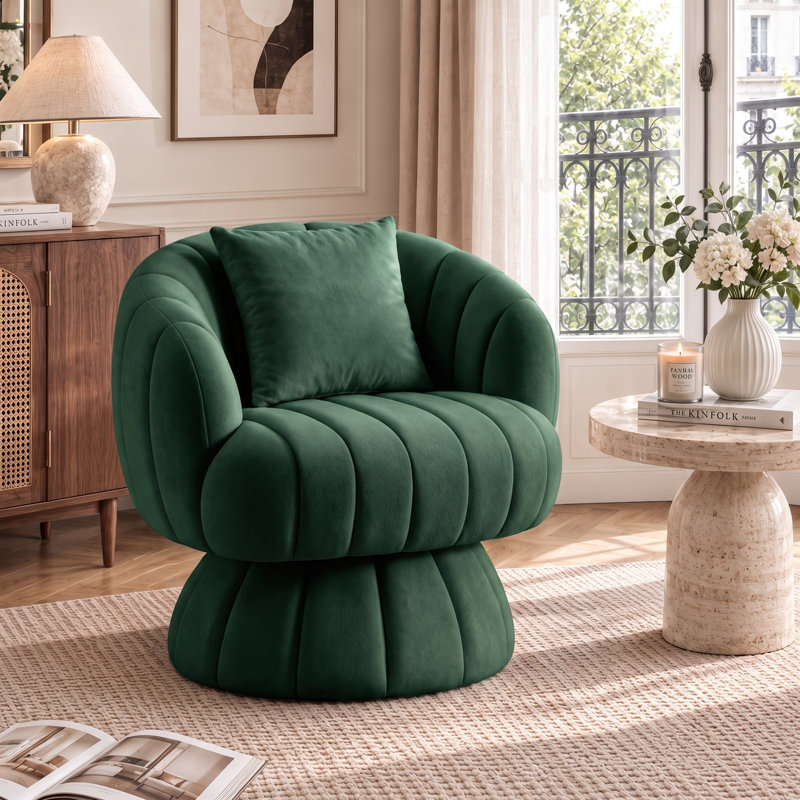 Fauteuil demi-tonneau rembourré rembourré avec coussin, Velours vert