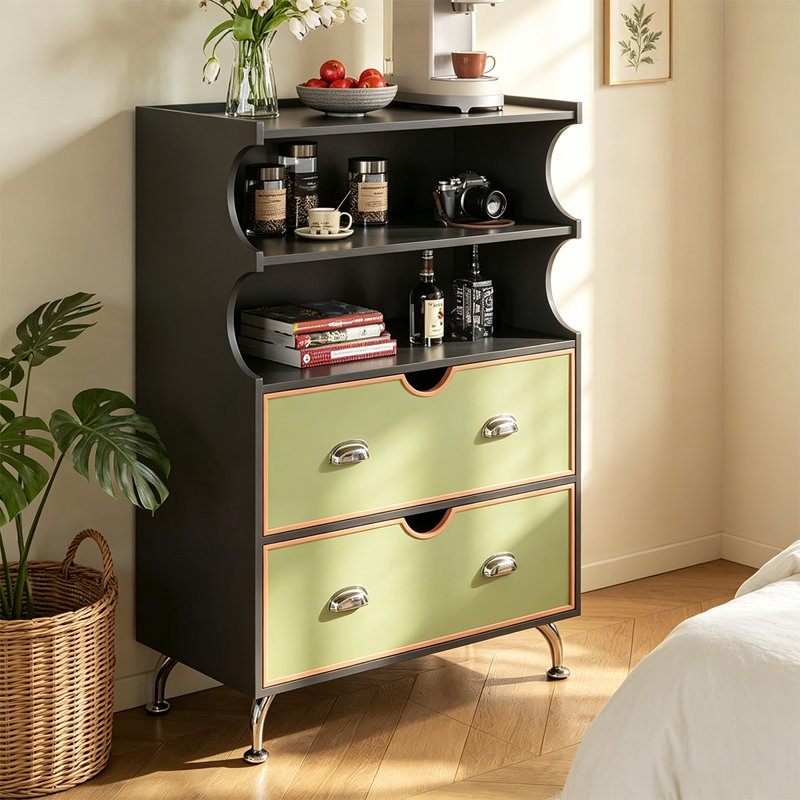 Meuble d'appoint moderne en bois massif vert, noir et argent avec éléments en acier inoxydable, Green