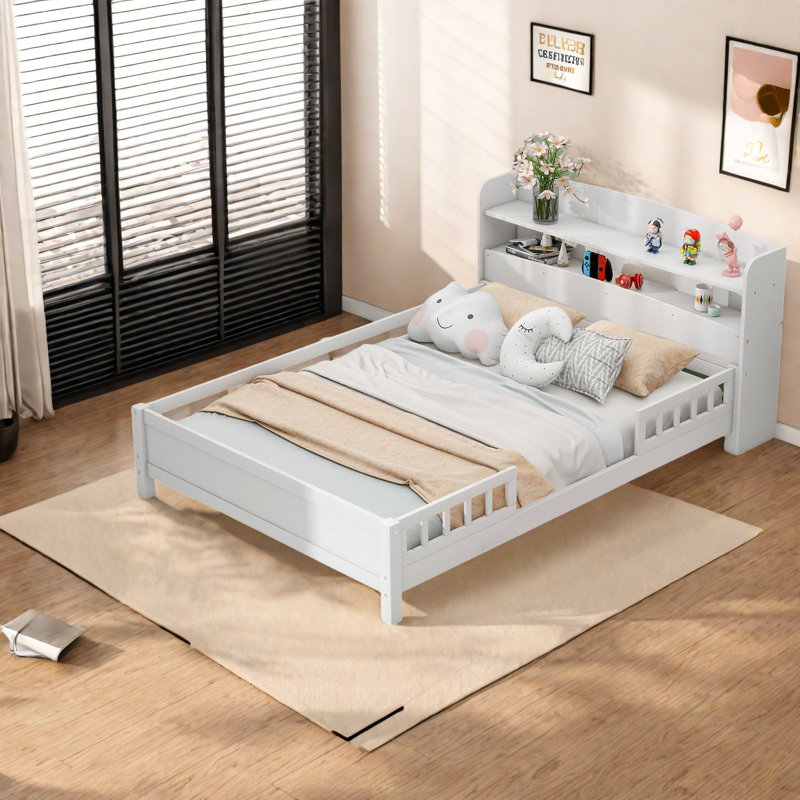 Lits en bois compacts avec DEL, rangement multifonctionnel, blanc moderne