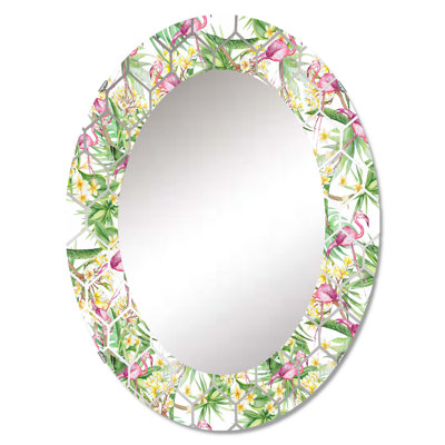 Miroir mural moderne feuillage tropical, fleurs jaunes avec flamant II