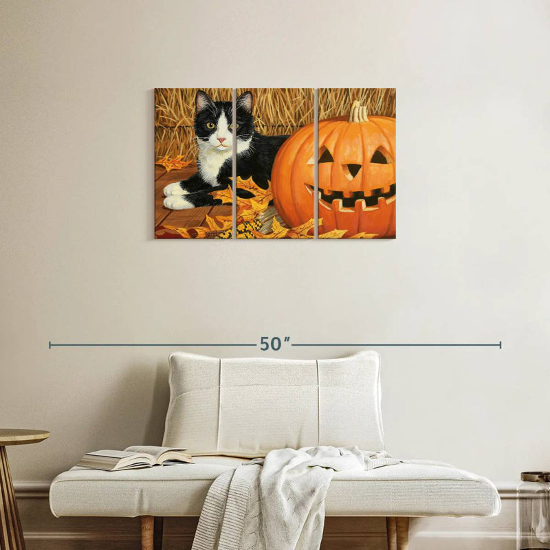 Citrouille d'Halloween et chaton noir, H 20 po x l 33 po