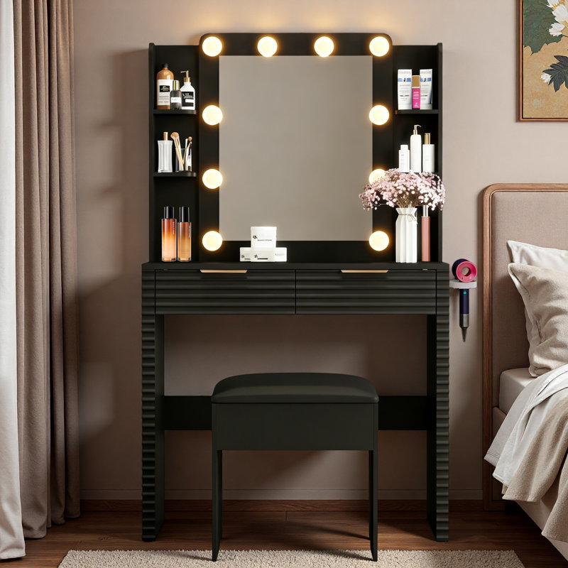 Fluted Makeup Vanity Desk With 10 Hollywood Bulbs, Charging Station, 2 Drawers, 4 Open Shelves, Hairdryer Holder And Storage Stool