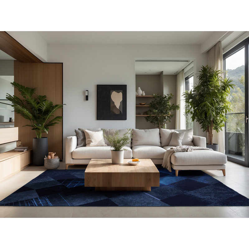 Soft Plush Dahill Retro Checkered Area Rug in Blue – Navy Binding, 8x12
