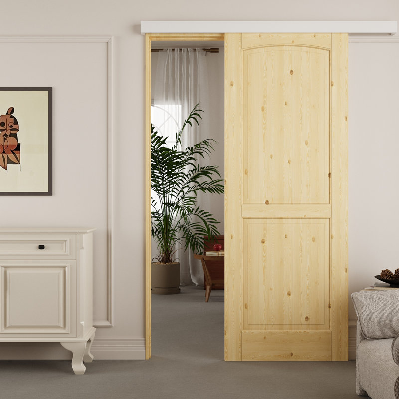 Ensemble de porte de grange arquée à deux panneaux en pin massif avec tringle dissimulée et quincaillerie d'installation / aucun assemblage requis