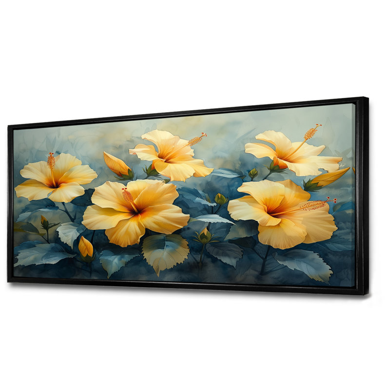 Marcel - Hibiscus, impression d'art mural, Toile avec cadre flottant noir, H 28 po x l 60 po x P 1,5 po