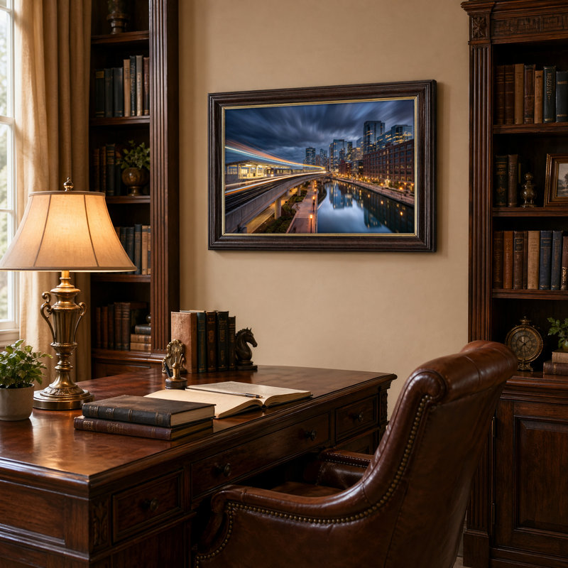 Art mural antique sur toile encadré doré pour le salon, la chambre à coucher, le bureau ou le vestibule - décoration murale décorative avec nuit de la ville