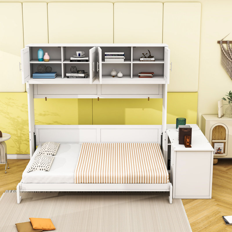 Grand lit escamotable en bois avec mécanisme hydraulique, rangement intégré et bureau polyvalent, Blanc