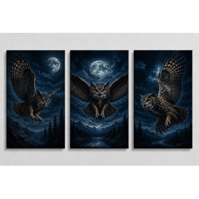 Grand ensemble de 3 chouettes au clair de lune, art mural, oiseau de la forêt, décoration sur toile pour le bureau de la chambre à coucher, impression sur toile 16 x 24 pouces - prête à être accrochée