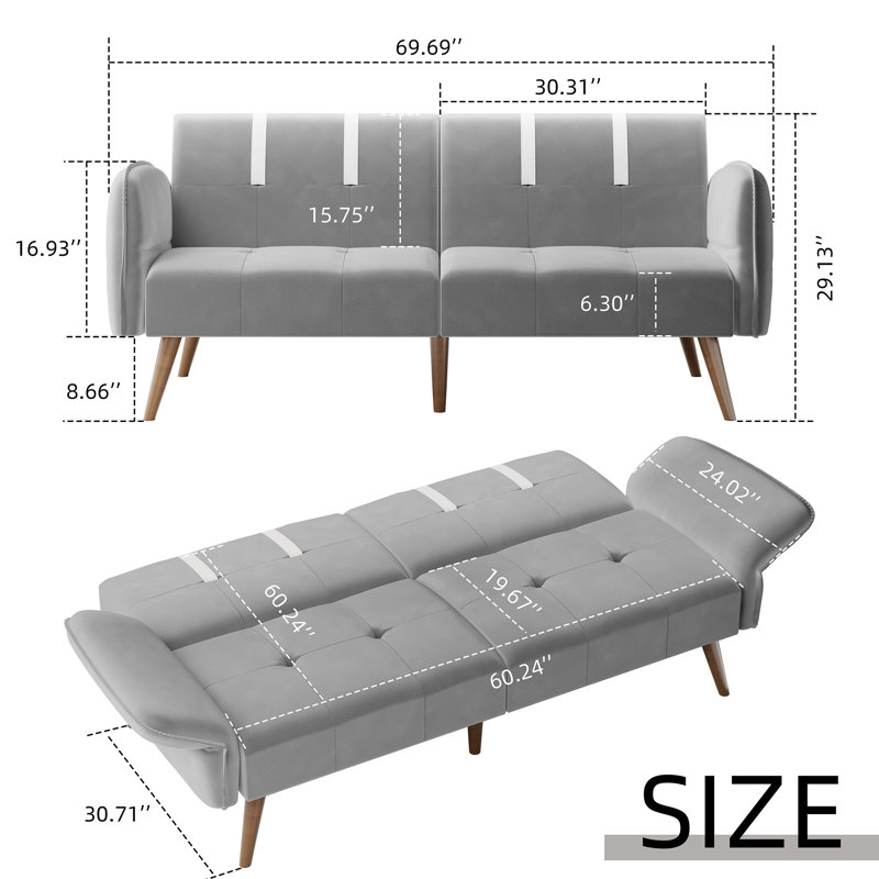 Canapé convertible en futon 69,69 po Brooksley, Velours gris clair