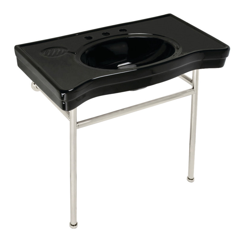 Kingston Brass Bristol 36-Inch Ceramic Console Sink with Stainless Steel Legs (8-Inch, 3-Hole), Black/Polished Nickel
