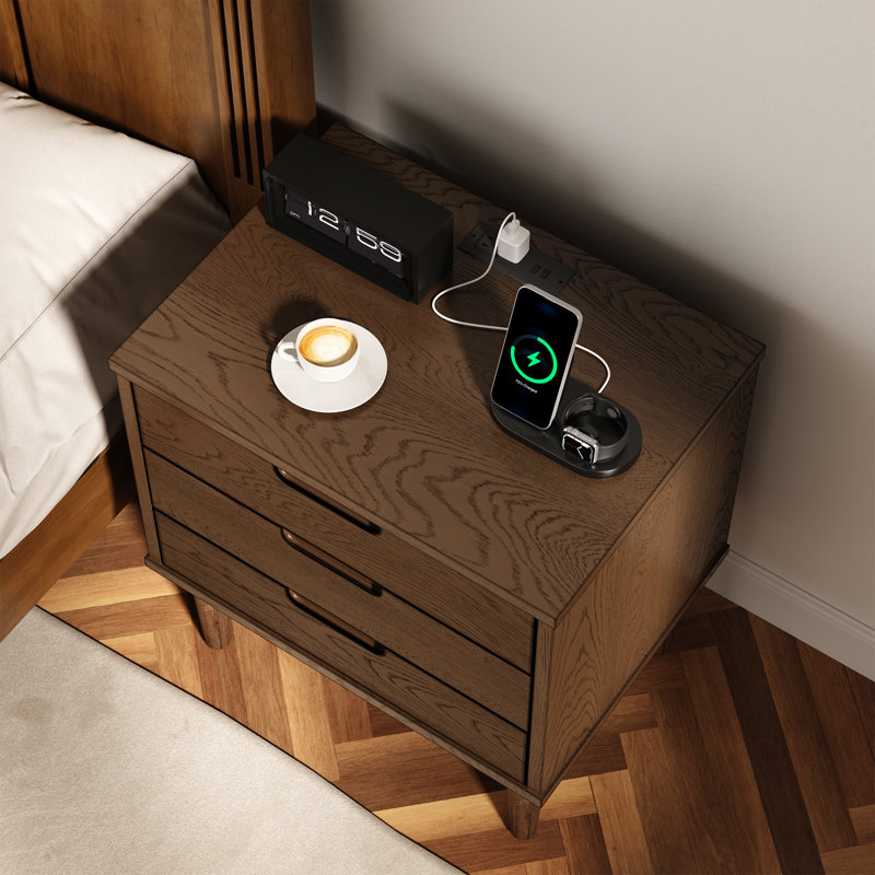 3 Drawers Solid Wood Nightstand With Storage, 2 Power Outlets, 1 Usb Port, And 1 Type C Port, Brown