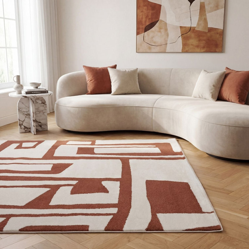 Loft Modern Abstract Living Room Area Rug and Runner Soft Pile, Rectangle 200 x 290 cm, Orange/Ivory