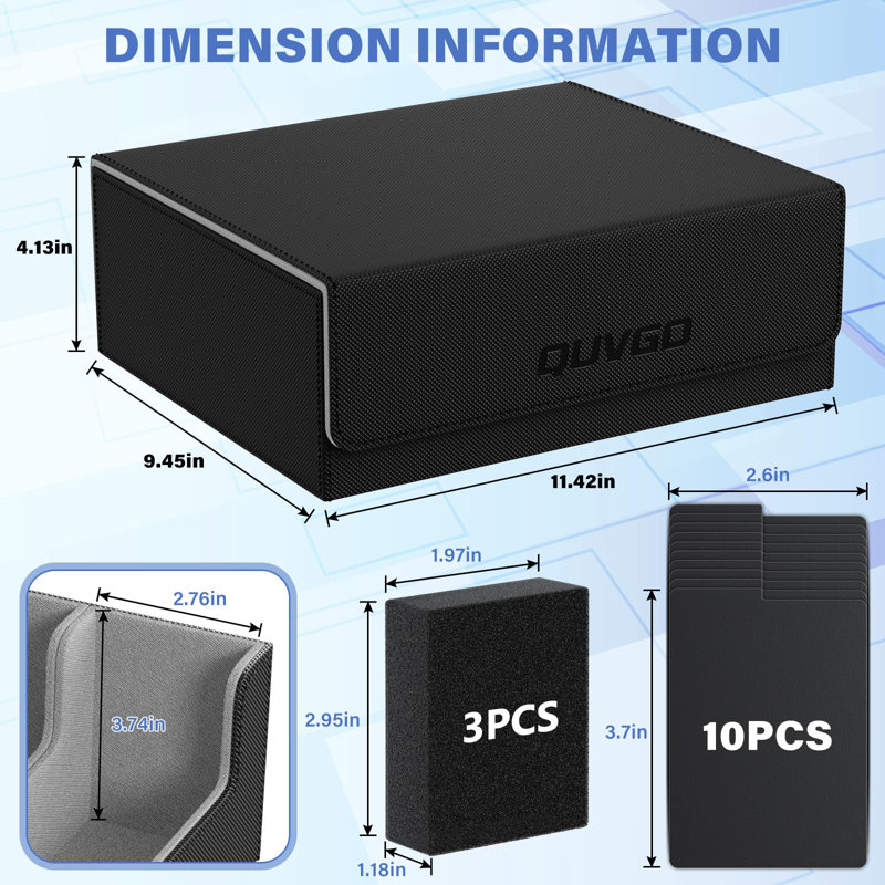 Trading Card Storage Box For 1800+, Leather Storage Box With Strong Closure, Card Box With 10 Dividers And 3 Foam Stoppers, Commander Deck Box Fit Yugioh, Mtg And Sport Cards, Black & Grey