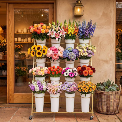 Présentoir à fleurs avec 16 seaux, chariot à fleurs en métal à 4 niveaux, doré