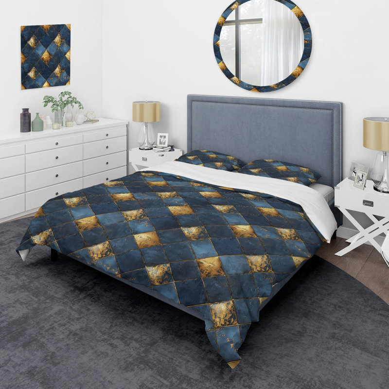 Ensemble de housse de couette transitionnel bleu doré et intemporel Argyle, Housse de couette très grand et 2 très grandes t