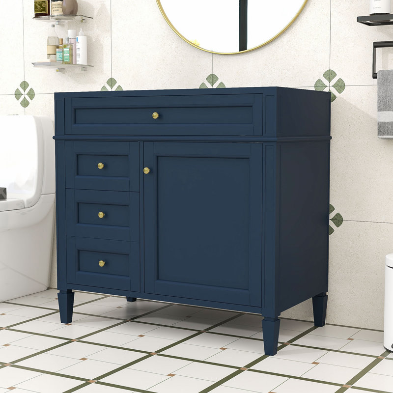 Bathroom Vanity without Top Sink, Bathroom Storage Cabinet with 2 Drawers and a Tip-out Drawer, Blue, Gold