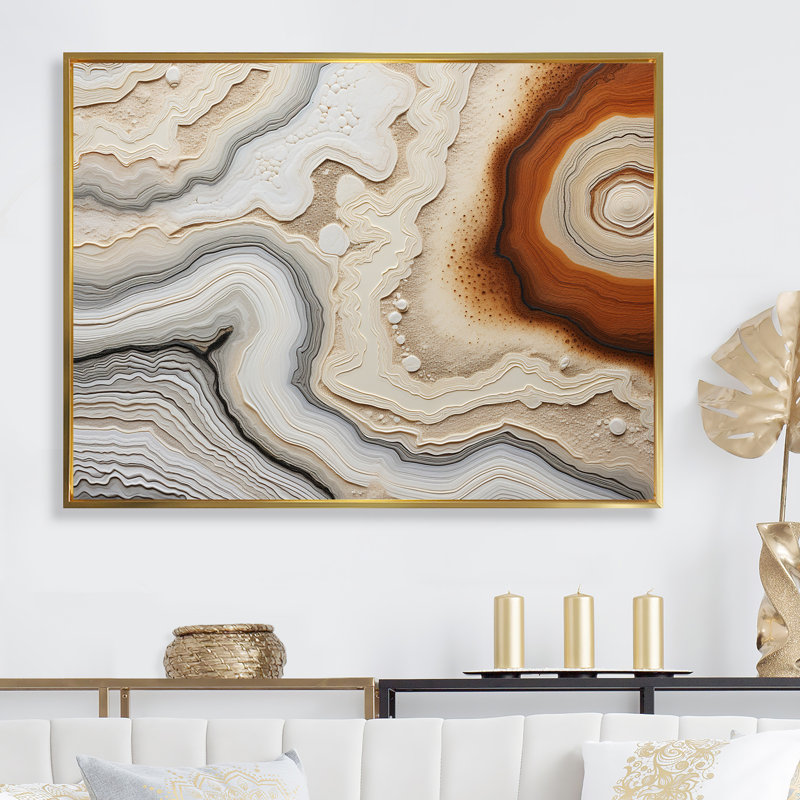 Pierre de minimalisme beige et orange Geode III sur toile, H 34 po x l 44 po x P 1,5 po, Cadre flottant doré