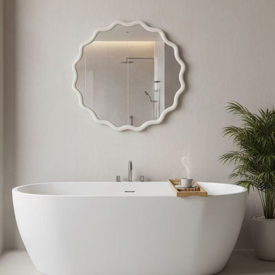 24 Inch Wavy Round White Solid Wood Frame Mirror