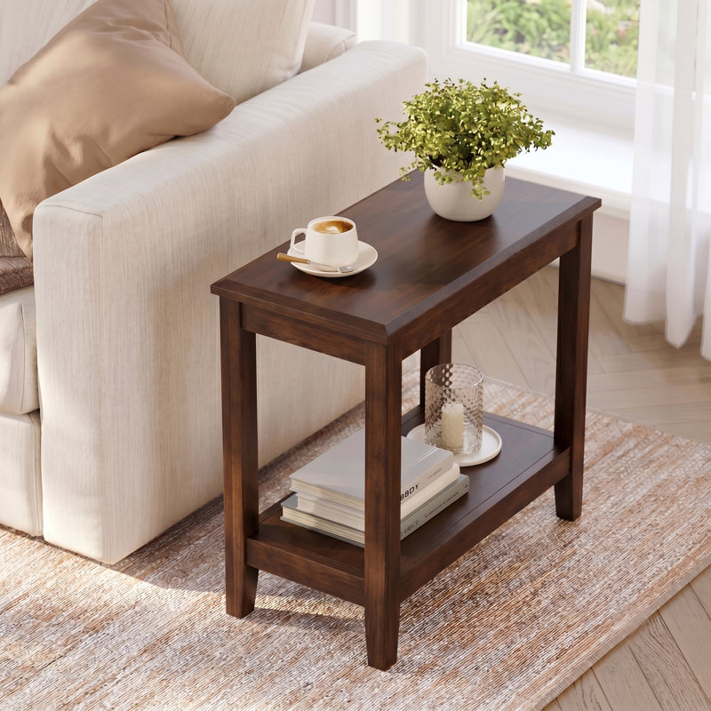 Table de bout en bois d'hévéa massif avec tablette de rangement ouverte