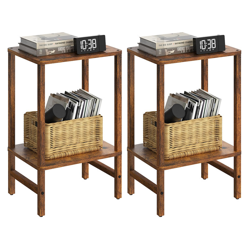 Ensemble de tables d'appoint étroites à 2 niveaux avec tablettes ouvertes, style industriel, table d'appoint en bois pour le salon, la chambre à coucher, le bureau personnel et les petits espaces