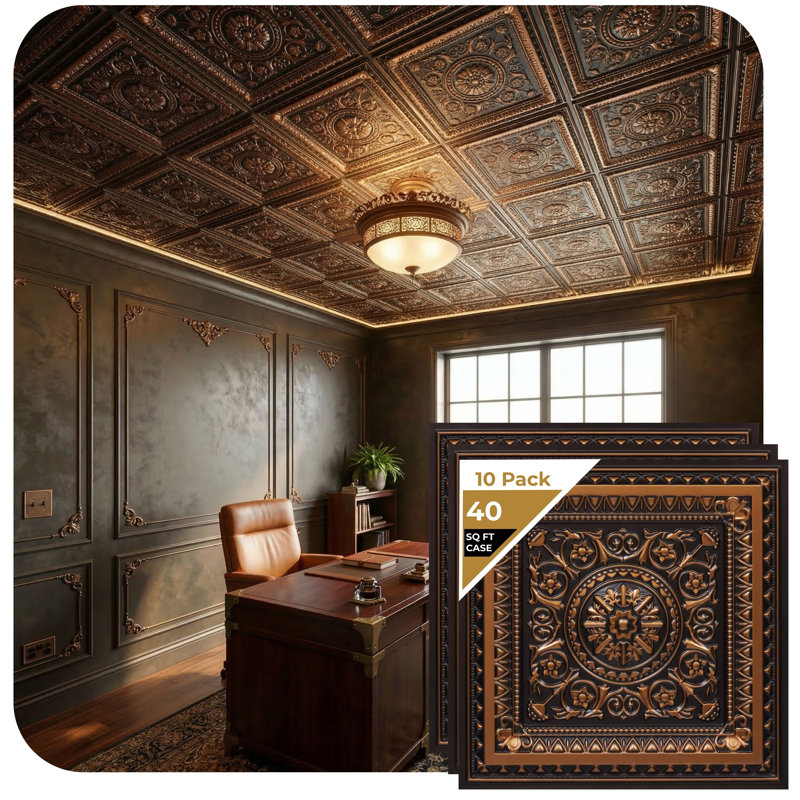 Marseille 24" W Textured PVC Drop-In Ceiling Tile in Antique Copper, Antique Copper, 24" W x 24" L