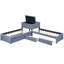 Lit simple tapissier en forme de L avec tiroirs - Lit gigogne et bureau intégré, bureau de rangement en lin gris pour plus de confort pouvant accueillir plusieurs personnes dans un espace limité